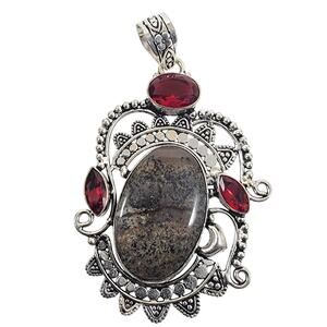 Artisan Silver Pendant with Picasso Jasper and Deep Garnet Gemstone Accents